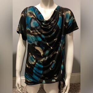 Love Life Live Medium Blouse Side Tie Brown & Blue Watercolor